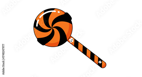 Halloween lollipop with orange and black stripes on a white background.