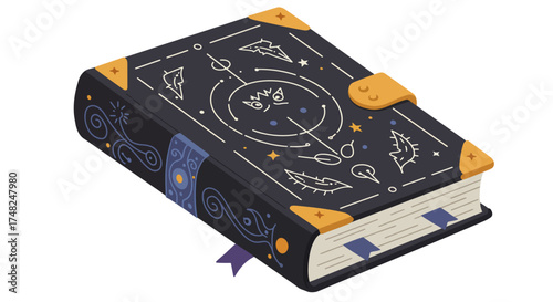 Isometric illustration of a black spellbook with gold corner protectors and a clasp.
