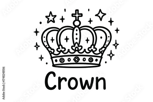 Royal Crown Doodle. Doodle royal crown with stars, jewels, and sparkles, center word “Crown” in black and white isolated