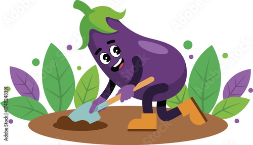 Cartoon eggplant character gardening in the soil with leaves illustration art