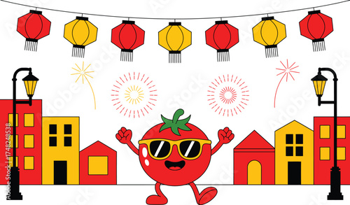 Tomato character celebrating chinese new year with lanterns and fireworks in town