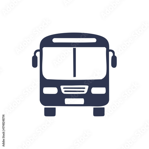 Front view of a simple dark blue bus icon with headlights and windshield