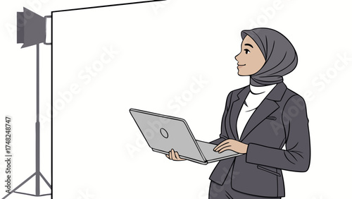 Businesswoman with laptop in a studio setting.