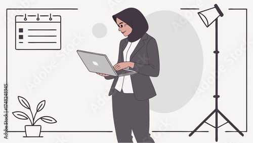 Businesswoman working on laptop in minimalist line art style.