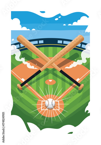 An illustrated depiction of a baseball field with crossed bats and a ball at home plate.