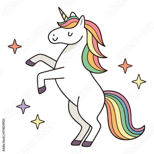 Vector art of cute cartoon unicorn rearing up with a rainbow mane and tail
