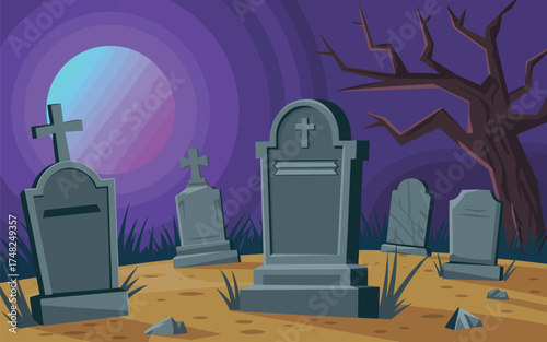 Halloween graveyard scene with tombstones spooky night and full moon vector art