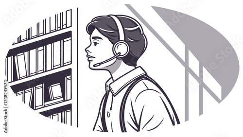 Customer Service Representative Talking on Headset in Library Illustration.