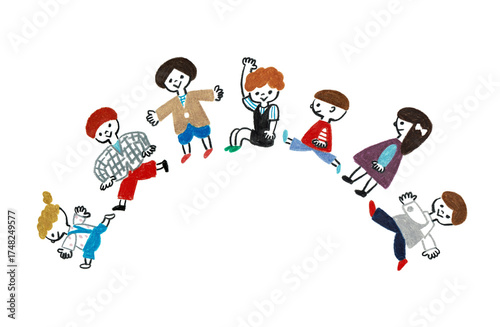 手描きイラスト　アーチ型に並ぶ笑顔の子供たち