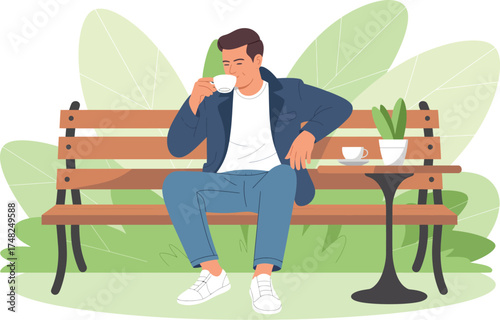 Illustration of man drinking coffee on park bench enjoying relaxing moment