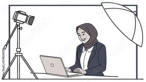 Digital Creator Working on Laptop with Filming Equipment.