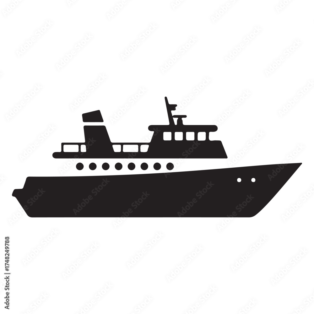 Fototapeta premium Elegant Black Silhouette of a Luxury Yacht Cruise Ship on a Clean White Background Perfect for Design and Nautical Themes