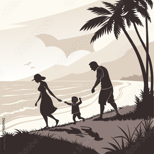Family Beach Vacation Silhouette Illustration.
