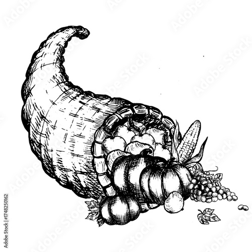 Compositions for Thanksgiving Day - Cornucopia with harvest in vintage linear style. Hand drawn vector illustration isolated. Horizontal border for thanksgiving day in black and white colors