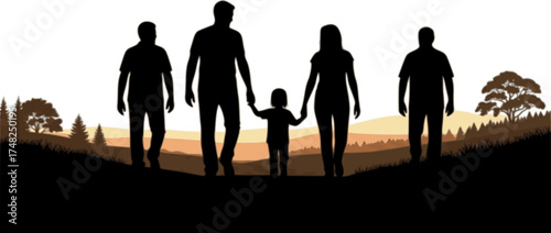 Diverse Family Hiking Silhouette at Sunset, Minimalist Vector Nature Walk, Multi-Generational Lifestyle Flat Icon	