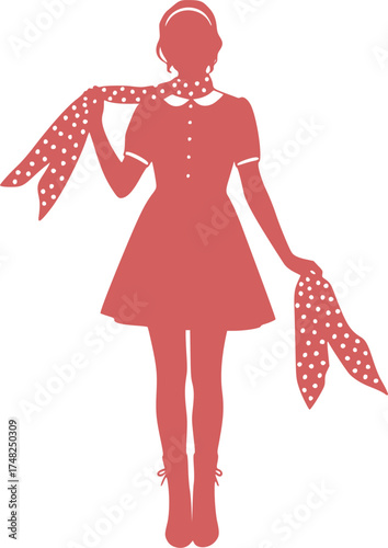 1960s Babydoll Glamour Woman Silhouette, Vintage Preppy Polka Dot Fashion Vector	