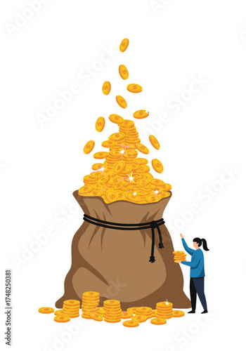 A person piles gold coins onto a large overflowing sack of treasure representing wealth accumulation and financial success.