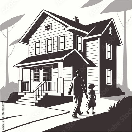 Family home silhouette illustration.
