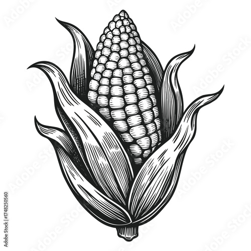 A detailed black and white illustration of a ripe corn cob surrounded by its husks and leaves in an engraving style.
