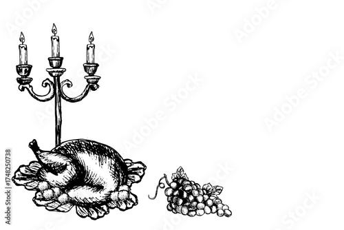 Vector vintage thanksgiving dinner composition for invitations. Hand drawn engraving sketch of thanksgiving roasted turkey, candles in retro candlestick and grapes. Outline monochrome illustration