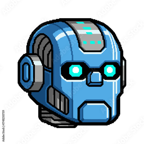 Futuristic robot head with glowing eyes and detailed mechanical design in pixel art style.
