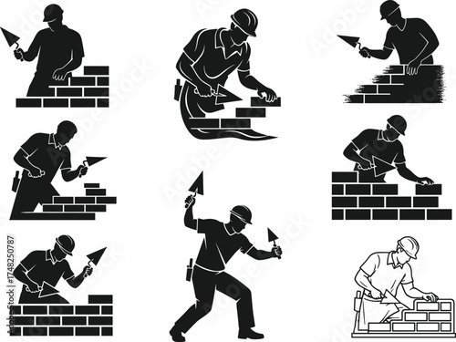 construction, worker, bricklaying, silhouette, trowel, mortar, hard hat, black, white, masonry, labor, pose, action, graphic, illustration, building, texture, manual, line art, design