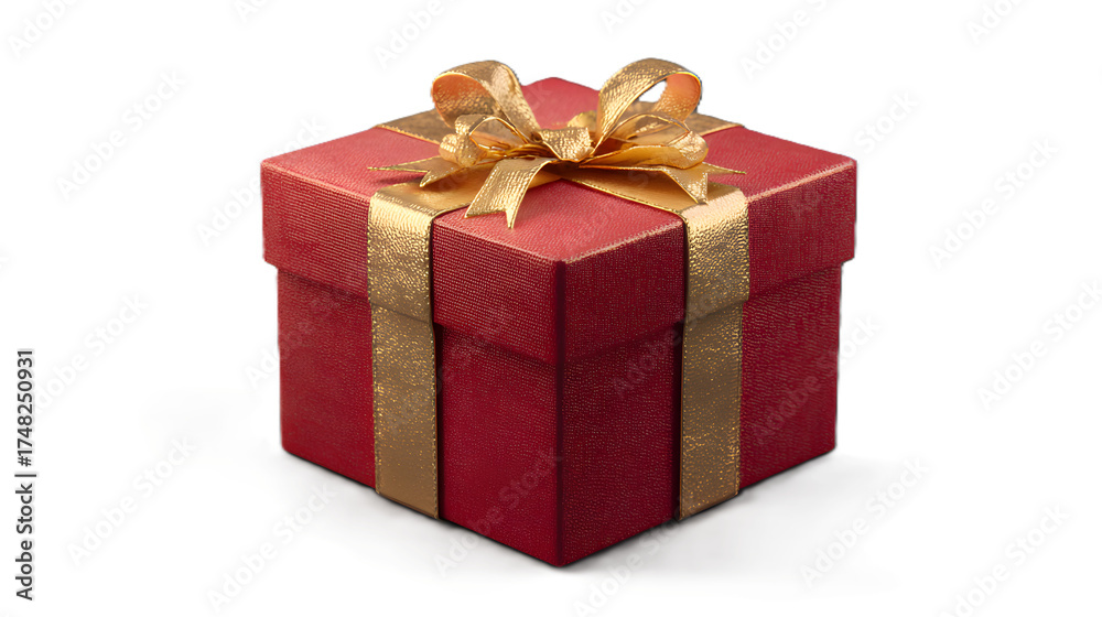 Obraz premium Red glitter gift box with gold ribbon and bow isolated on transparent background