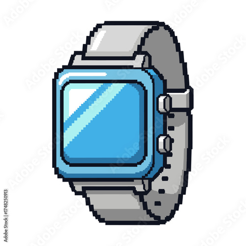 Pixel Art Smartwatch with Blue Screen and Gray Band.