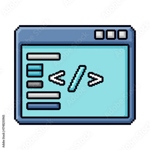 Pixel Art Computer Window Displaying Code Symbols.