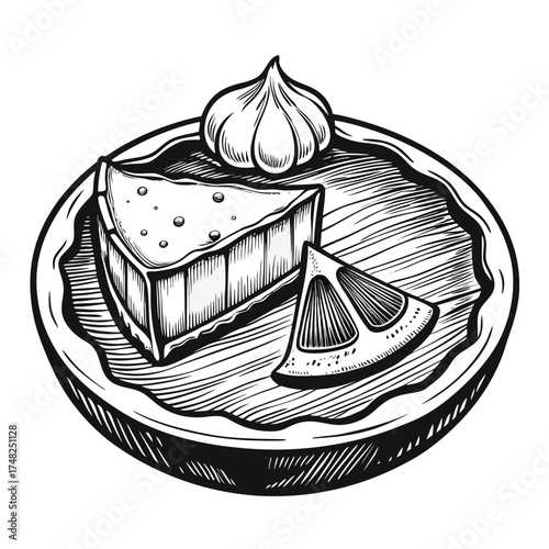 Sketch of a slice of cheesecake with lemon and meringue