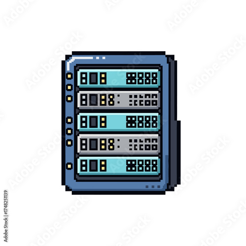 Pixelated digital display screen showing various data and information.