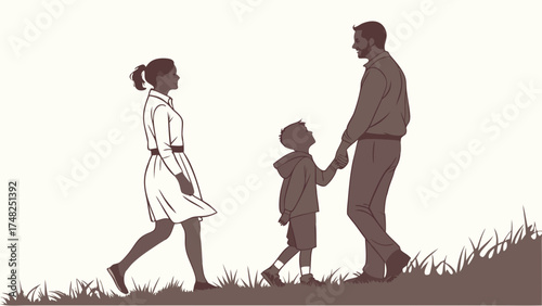 Family Outing Illustration Parent and Child Walking Together Vector Style.