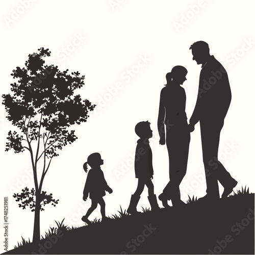 Family Silhouette Walking Uphill with Tree Outdoor Lifestyle Concept.