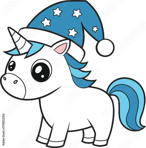 Vector art of cute cartoon unicorn wearing a blue sleeping hat with stars