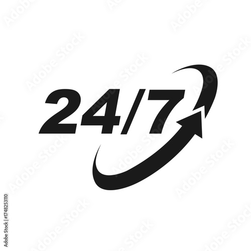 24 7 service icon. The 24 hour service is open 24 hours a day, 7 days a week. Simple illustration of 24-7 elements
