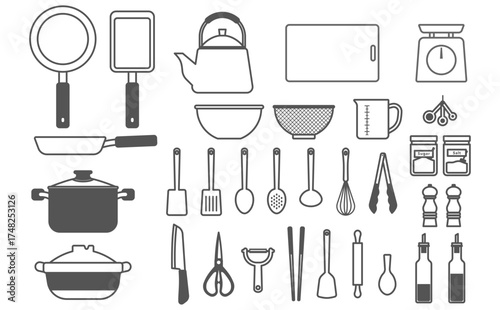 フラットイラスト：調理器具セット(アウトライン)