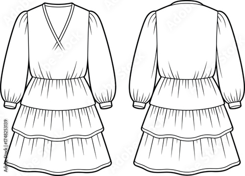 Fashion dress flat vector, long sleeve tiered dress illustration, women outfit design template, V-neck boho dress sketch, apparel mockup