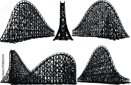 Six different roller coaster silhouette illustration, black and white amusement park structure design, wooden coaster vector art, fairground thrill ride graphic, entertainment background