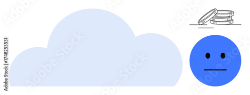 Large cloud shape, blue face with neutral expression, stack of coins denoting financial technology. Ideal for technology, cloud storage, finance, emotion, balance, minimalism simple flat metaphor