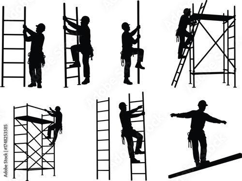 construction, worker, ladder, scaffold, climbing, silhouette, safety, hard hat, balance, posture, black, white, labor, action, graphic, illustration, building, manual, motion, design