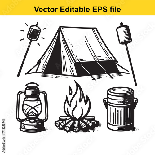Vector art of handdrawn sketch of camping essentials, featuring a tent, campfire, lantern, and marshmallows on sticks