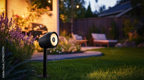 Outdoor speaker lighting in a home garden at night