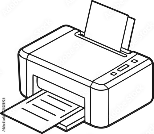 Vector art of simple line art illustration of a modern inkjet printer printing a document