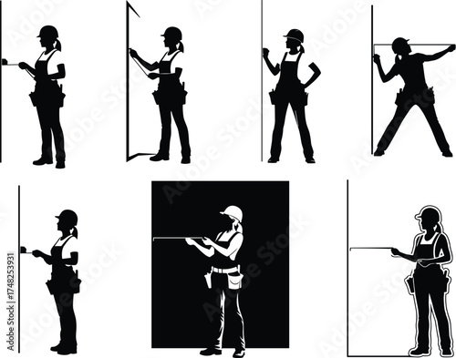 construction, worker, panel, wall, measurement, inspection, silhouette, hard hat, tool belt, posture, action, black, white, manual, graphic, illustration, carpentry, alignment, equipment, design