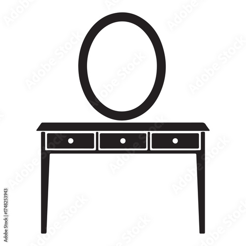 Elegant Vanity Table Silhouette with Oval Mirror and Drawers for Interior Design Projects and Beauty Concepts