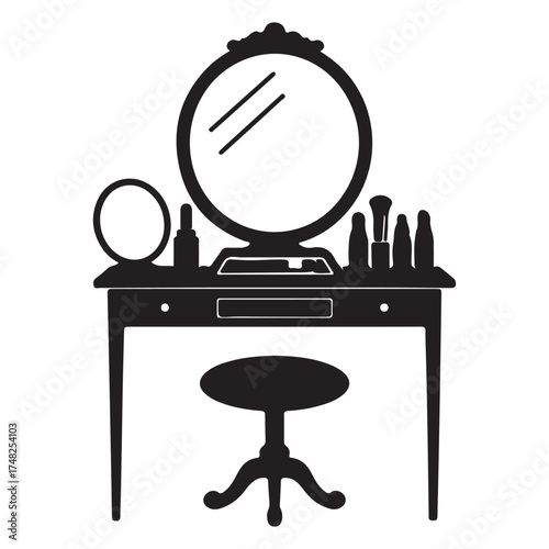 Elegant Vanity Table with Mirror and Stool A Timeless Dressing Room Icon in Black Silhouette