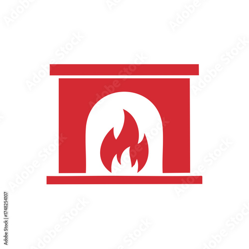 Red fireplace with a warm fire burning inside a stylized simple shape