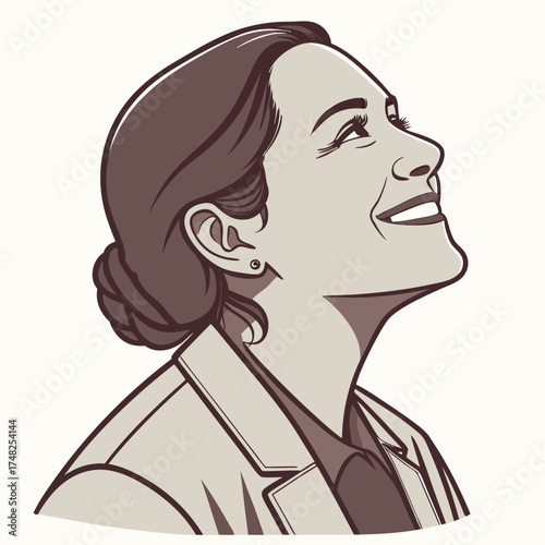 Illustration of a smiling woman looking up with optimism and confidence.