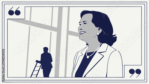 Illustration of a woman looking up in admiration with a quote frame and figure in the background.