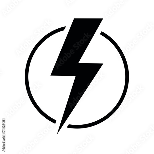 Iconic black lightning bolt graphic within a bold circular outline symbolizing electricity and power